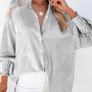 Boutique white blouse with charcoal gray stripes